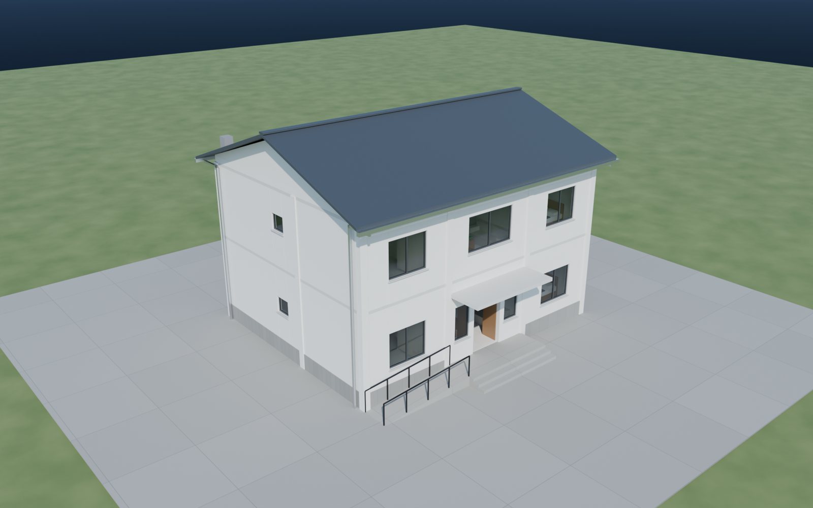 鸟瞰效果图：深灰坡屋顶罩住整个二层平顶
